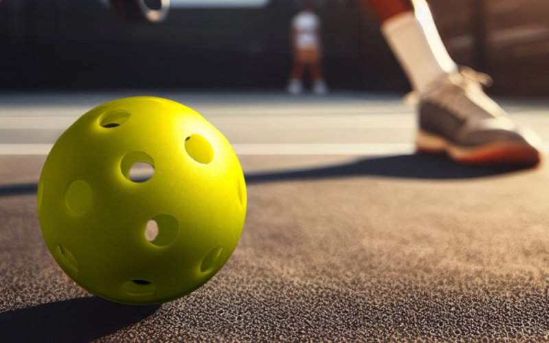Image of Pickleball ball with players foot in the background.